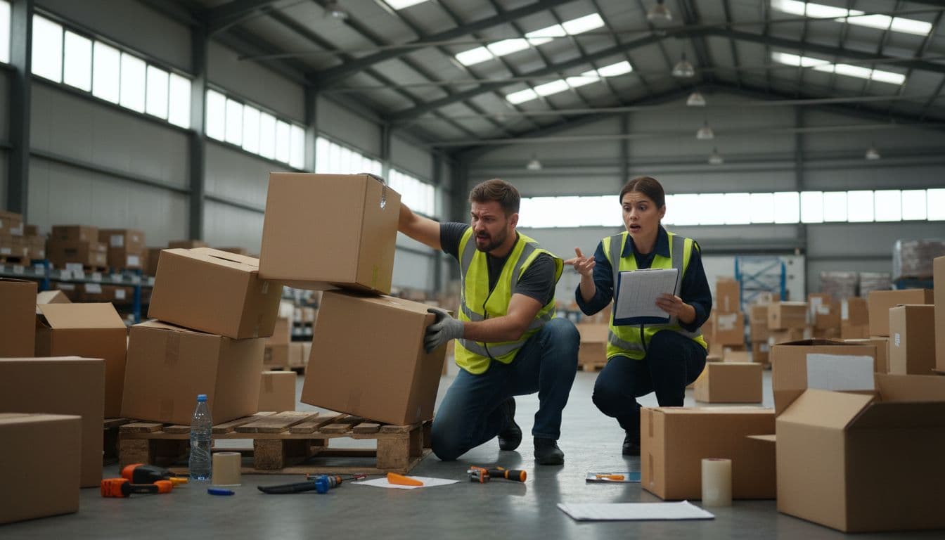 Two stressed warehouse workers hand-build unstable pallets from scattered boxes in a chaotic industrial setting, one checking a spreadsheet on a clipboard amid tools and partial pallets.