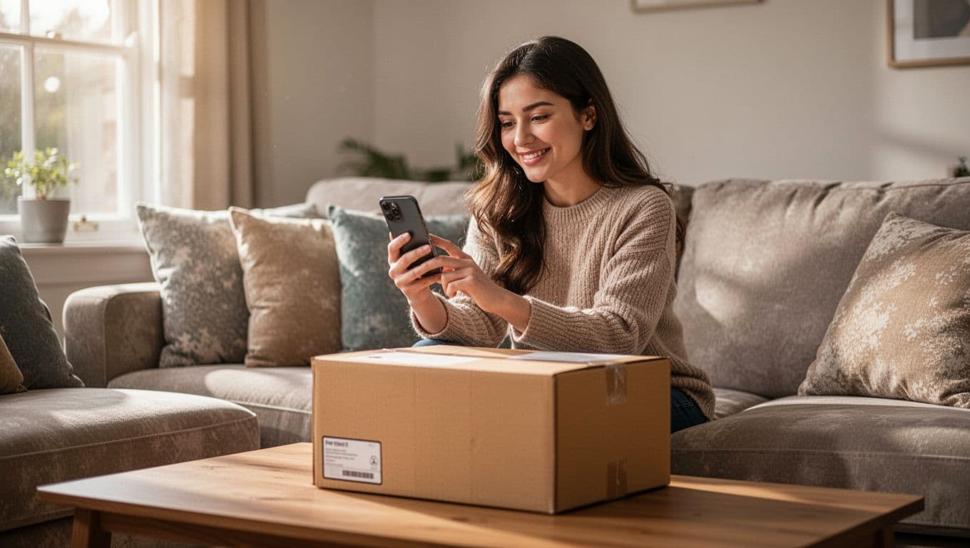 Young woman sitting relaxed on a cozy living room couch, checking her smartphone for package tracking with a satisfied smile, brown delivery box on coffee table.