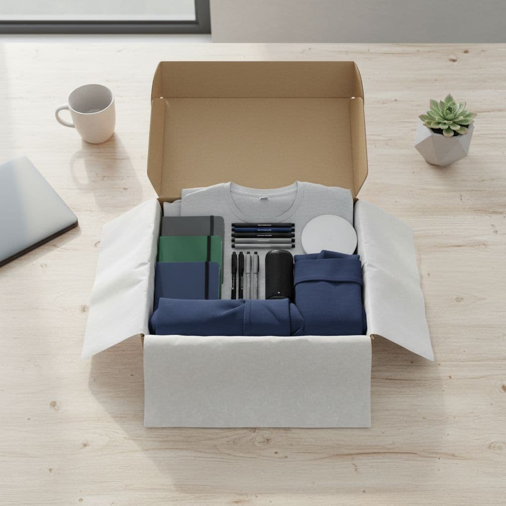 A top-down view shows branded notebooks, pens, and apparel being organized inside a shipping box.