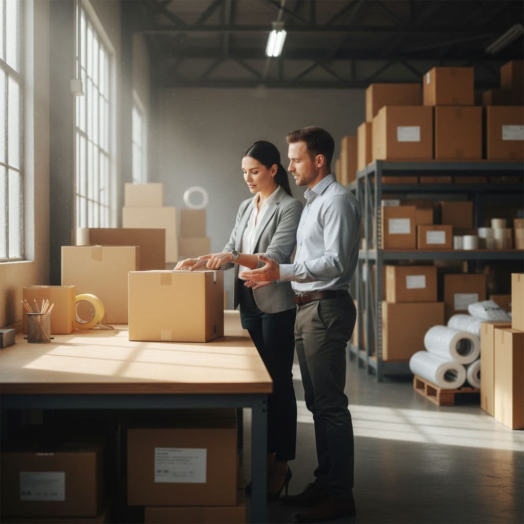 A business owner and a packaging consultant inspect a cardboard box sample on a warehouse table.