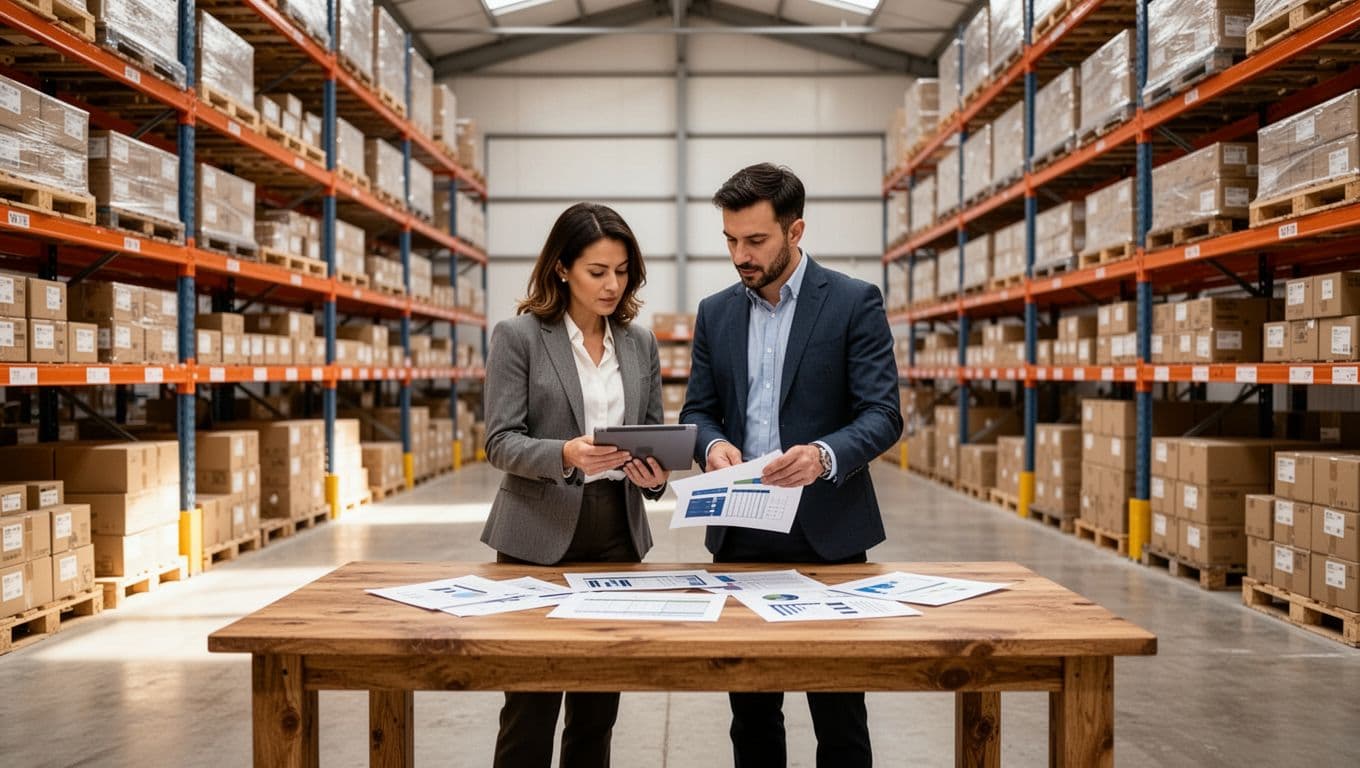 A business owner and logistics expert review planning documents together inside an organized warehouse.