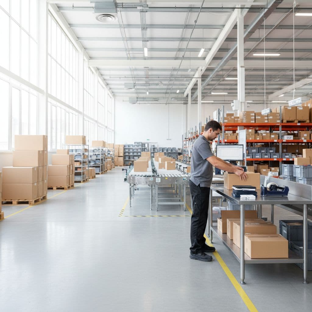 A focused worker boxes retail products at a clean, well-lit modern warehouse packing station.