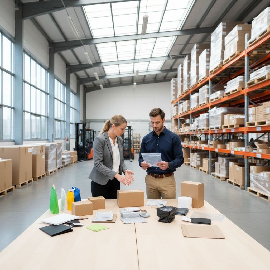 Two professionals inspect blank packaging materials on a table inside a bright, organized warehouse.