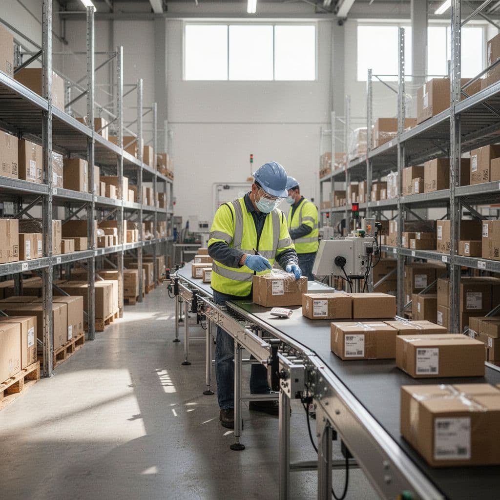 A focused worker operates a packaging and labeling line within a bright, organized warehouse environment.