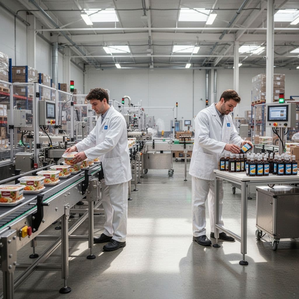 Three workers perform assembly and packaging tasks at workstations within a clean, organized, high-tech warehouse.