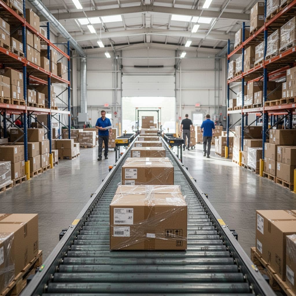 A clean warehouse features a conveyor belt moving packaged boxes toward a shipping area.