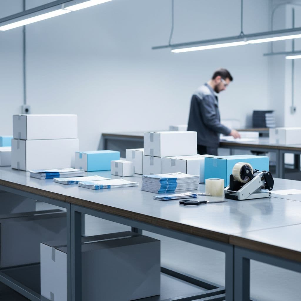 A clean industrial workbench features neatly arranged shipping boxes and promotional materials for assembly.
