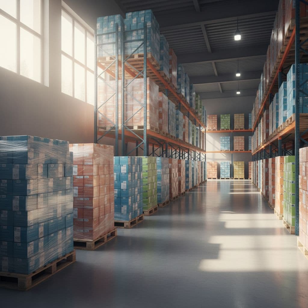 Neatly stacked retail boxes sit on a wooden pallet inside a clean, organized professional warehouse.