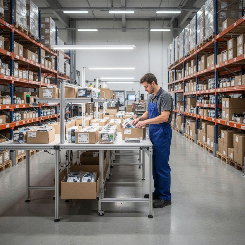 A worker assembles product kits at a clean, well-lit workstation inside a modern, organized warehouse facility.
