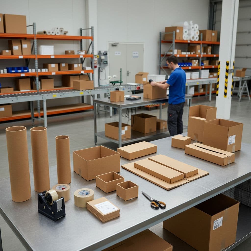 A clean packing station features various custom cardboard boxes with a warehouse worker preparing shipments.