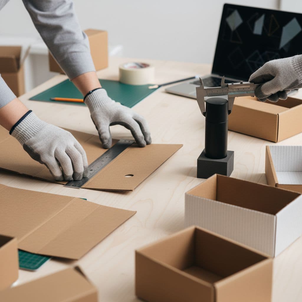 A designer measures a cardboard box prototype on a clean workbench with various packaging tools.