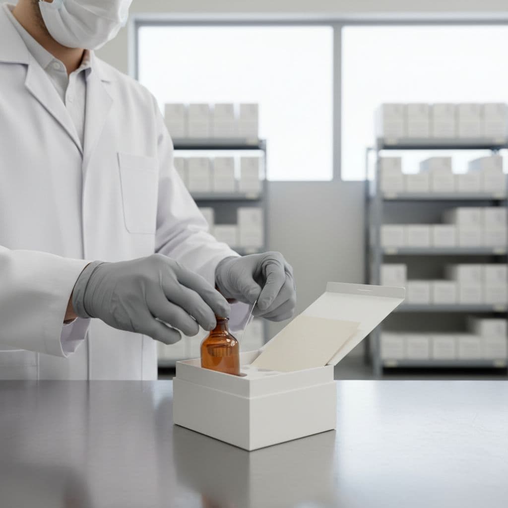 A person carefully packs a bottle and card into a gift box at a clean workstation.