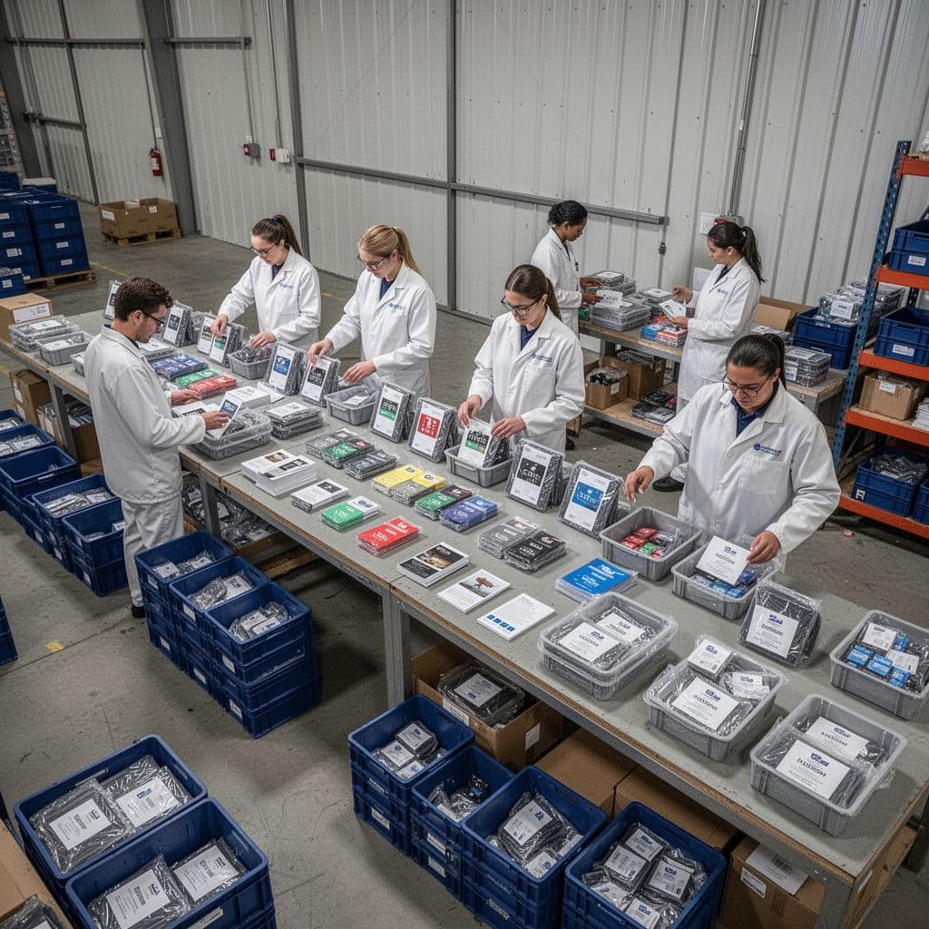 Staff members assemble branded promotional kits on an organized workbench in a clean industrial warehouse.