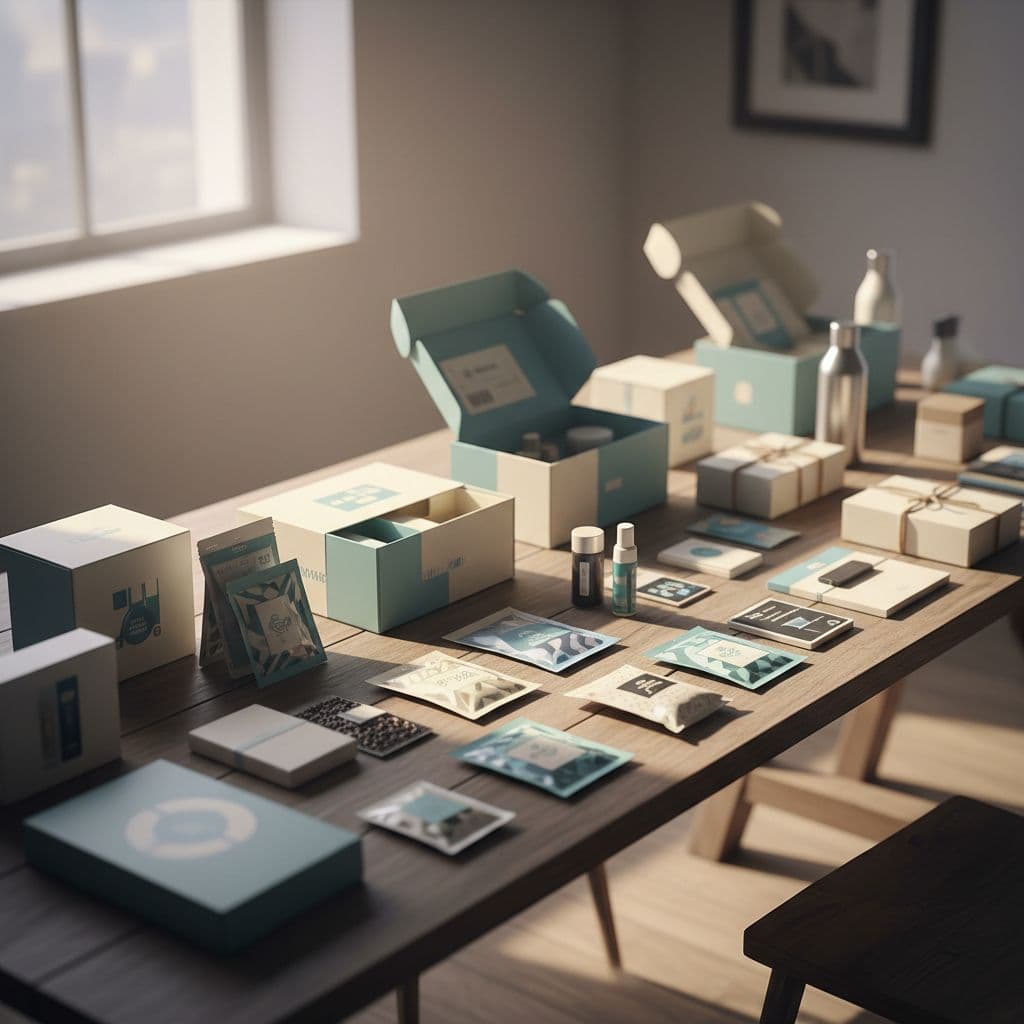 Various branded gift boxes and product sample packs are arranged neatly on a wooden table.