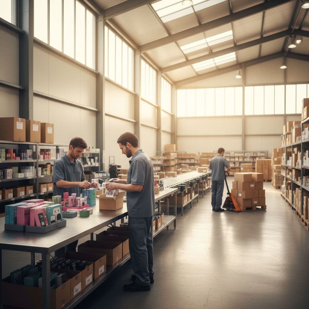 A worker carefully prepares retail products within a clean and organized modern industrial warehouse space.