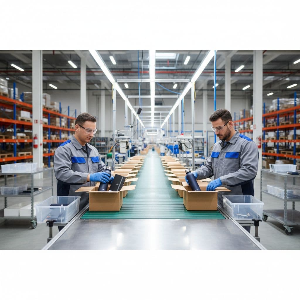 Two workers assemble promotional kits inside a brightly lit, organized industrial warehouse facility.