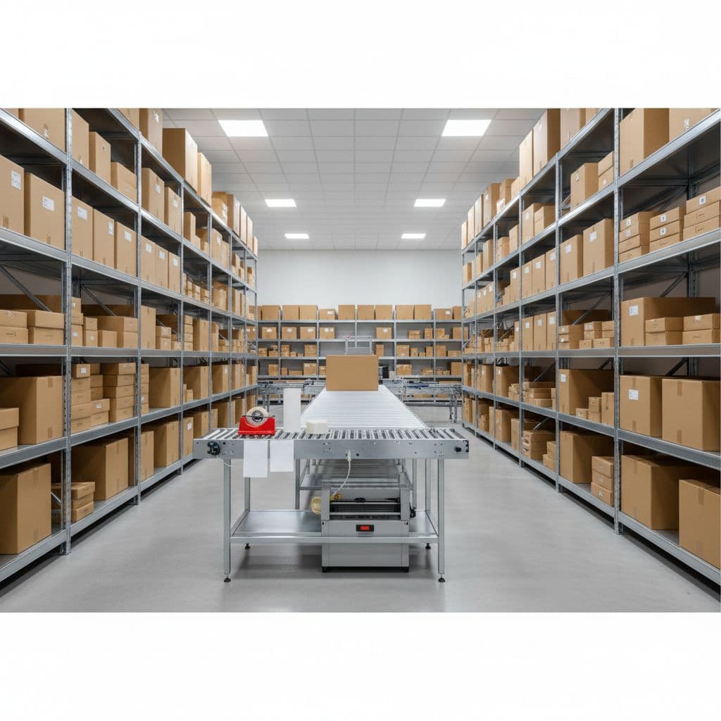 Custom shipping boxes are neatly stacked on industrial shelving beside a clean, organized packing station.