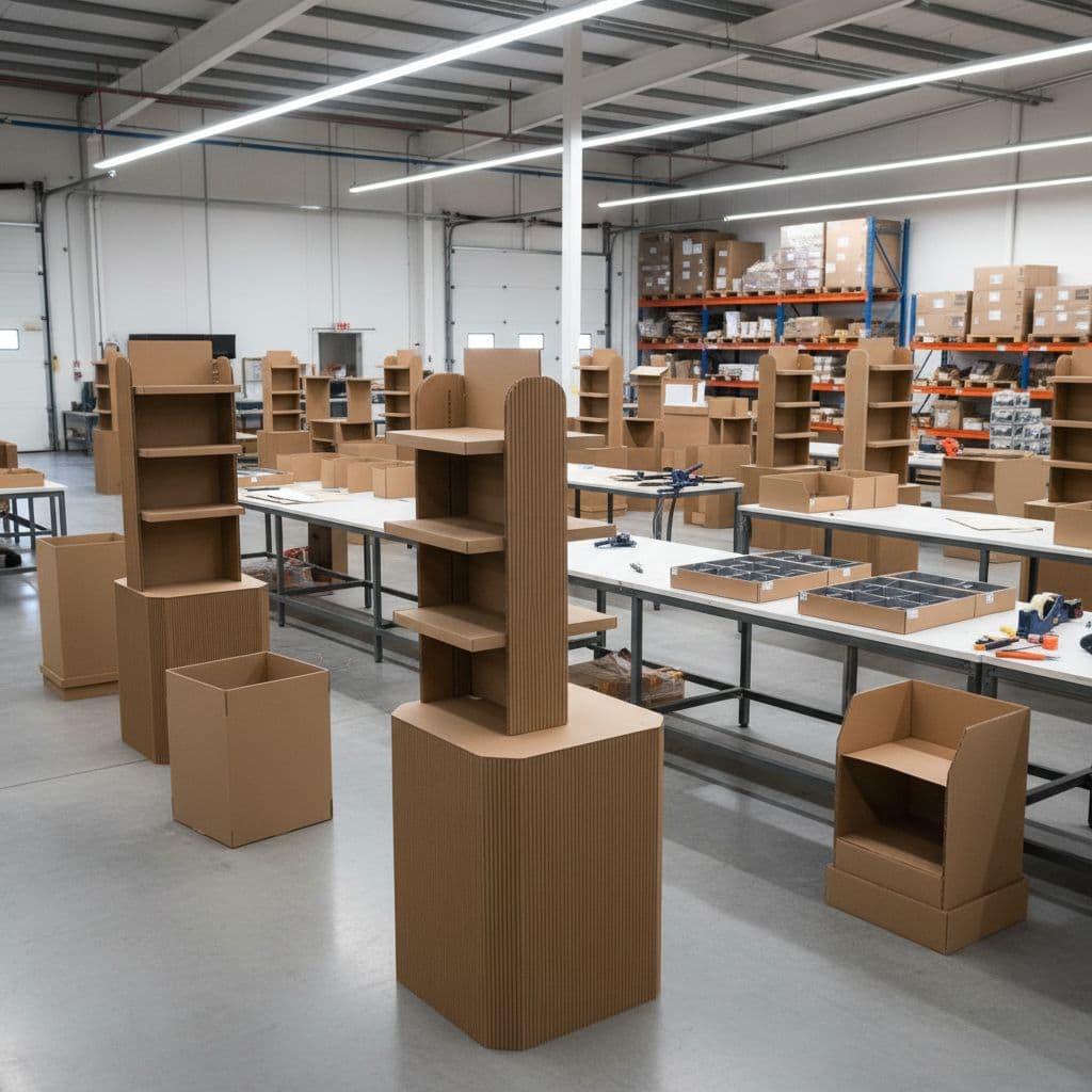 Organized warehouse floor featuring various retail cardboard displays in different stages of assembly.