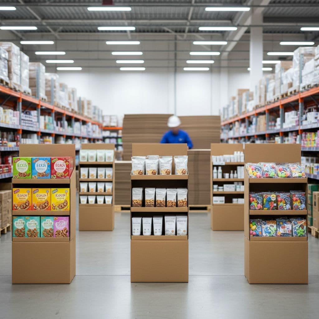 Brightly lit warehouse aisle featuring organized rows of cardboard retail display units.