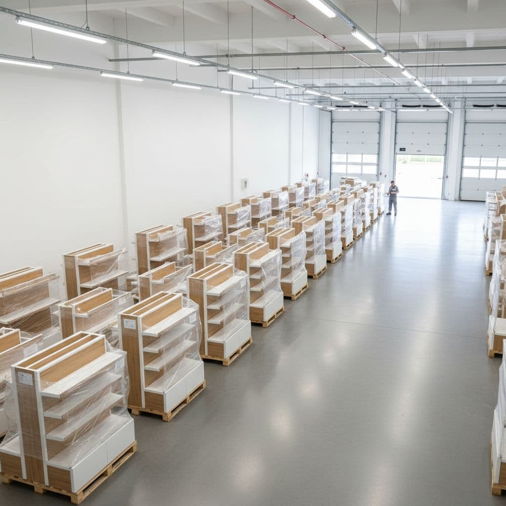 A clean warehouse floor shows staged assembly lines leading to pallets ready for loading dock distribution.
