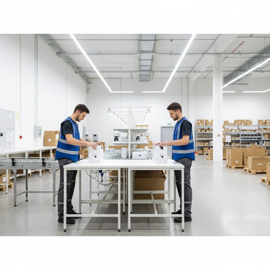 Two professionals in safety vests pack small items into retail boxes at a clean warehouse workstation.