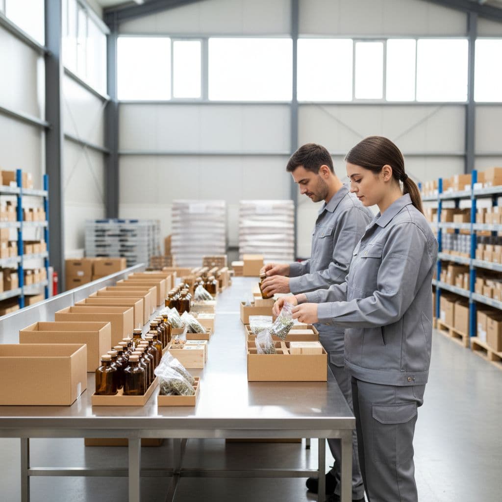 Two workers assemble retail items into multipack sets at a clean warehouse workstation.