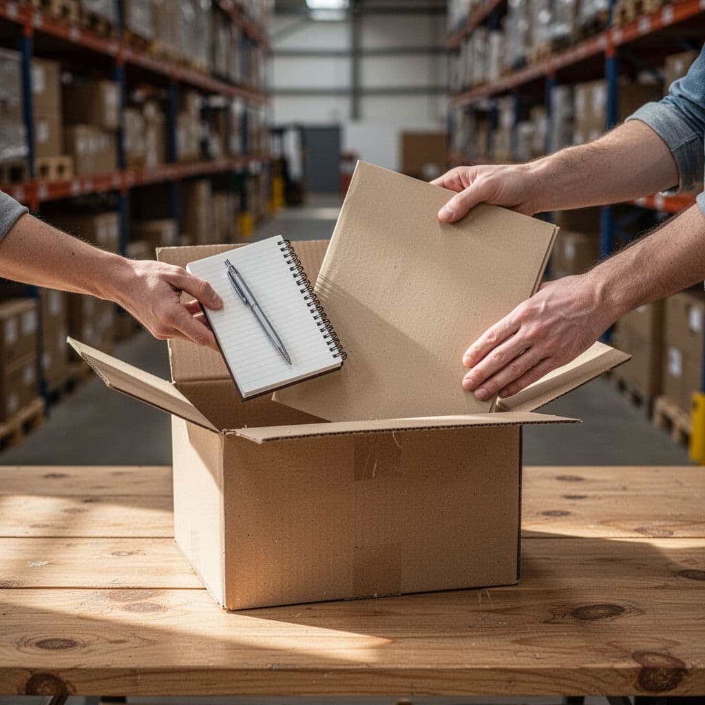 Two hands place stationery items into a shipping box on a warehouse table.