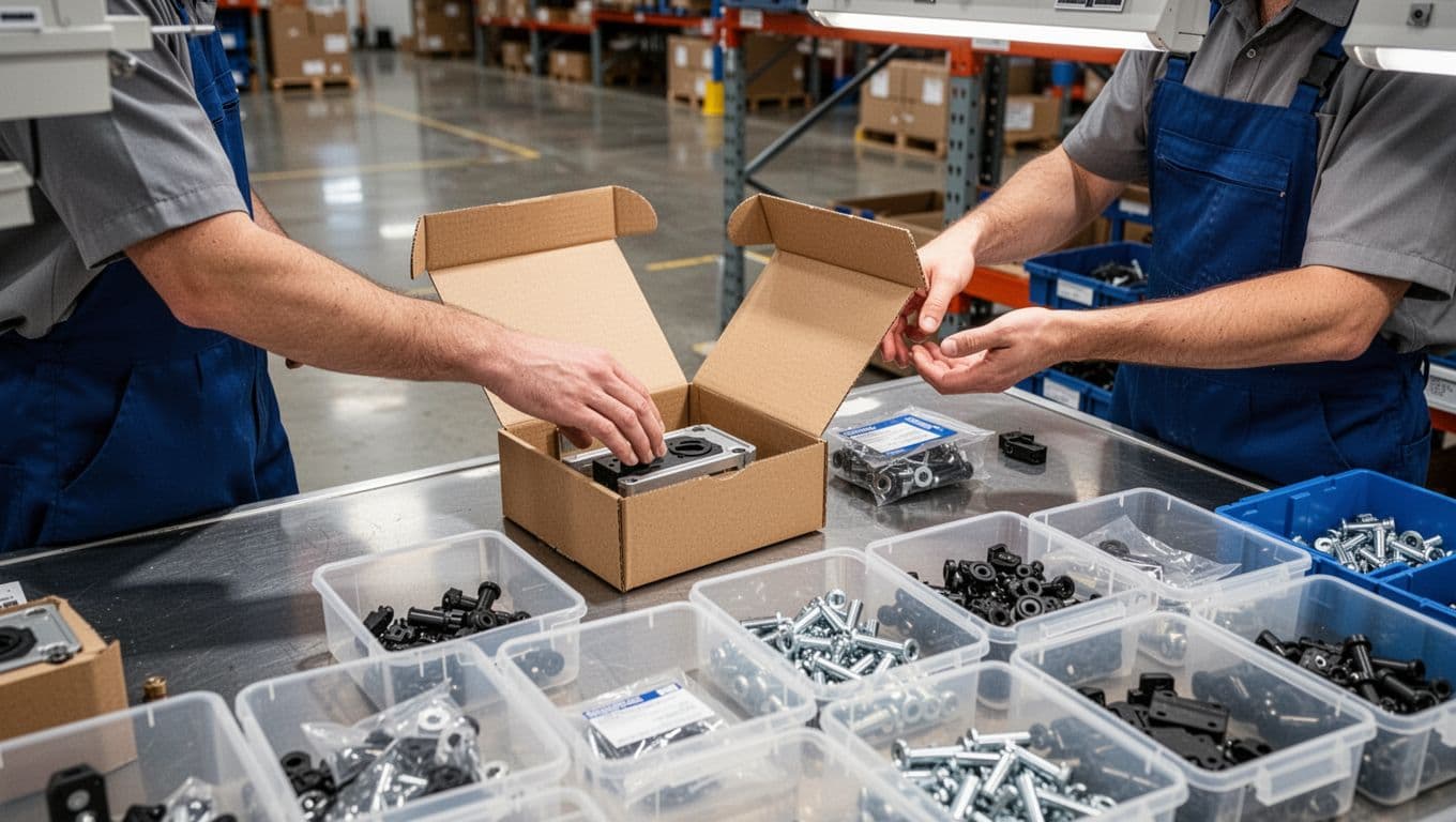 Two workers efficiently assemble product kits at an organized and well-lit warehouse workstation.
