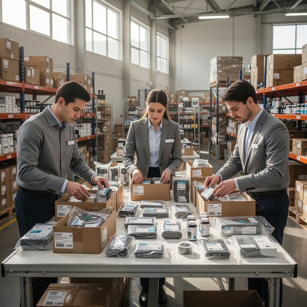 Three workers assemble retail product kits on a clean warehouse table under natural lighting.