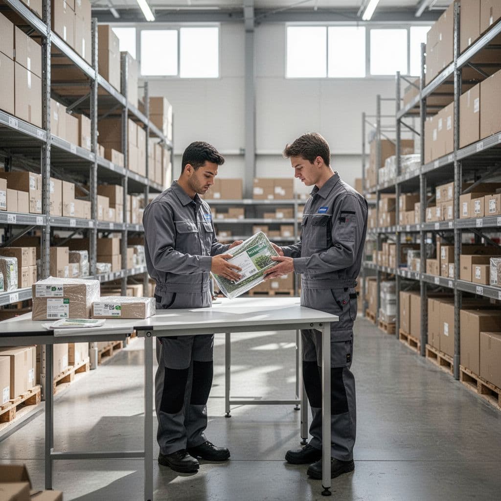 A worker in a clean uniform examines a new product at a workstation in a bright warehouse.