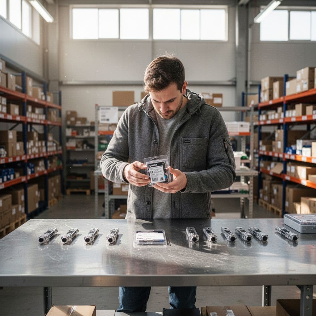 A worker inspects components at a clean and orderly warehouse kitting workstation.