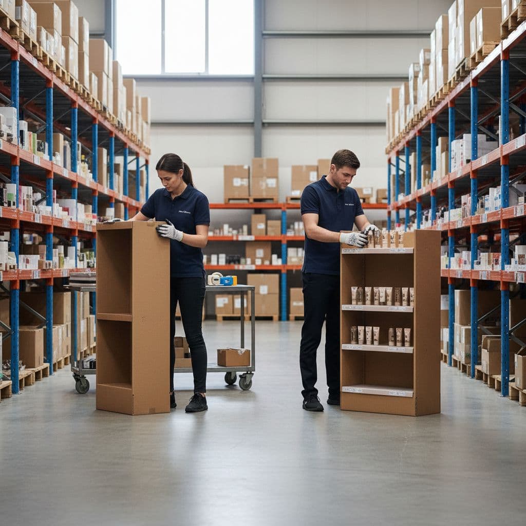 Two workers in a bright warehouse assemble cardboard retail displays with organized care.