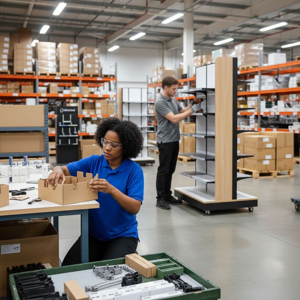 Two workers assemble different floor and countertop retail displays in a bright professional warehouse.