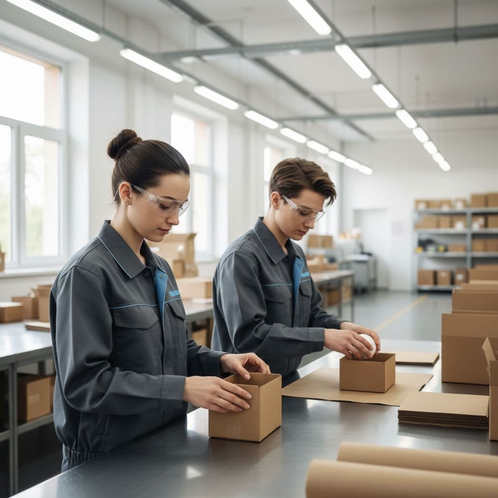 Two workers in professional uniforms carefully assemble retail packaging and place products into boxes in a warehouse.