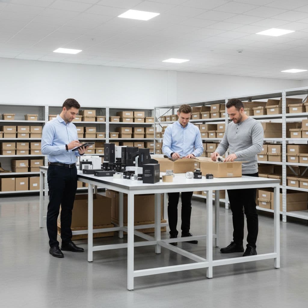 Three warehouse workers carefully inspect and pack retail items into custom kits in a bright facility.
