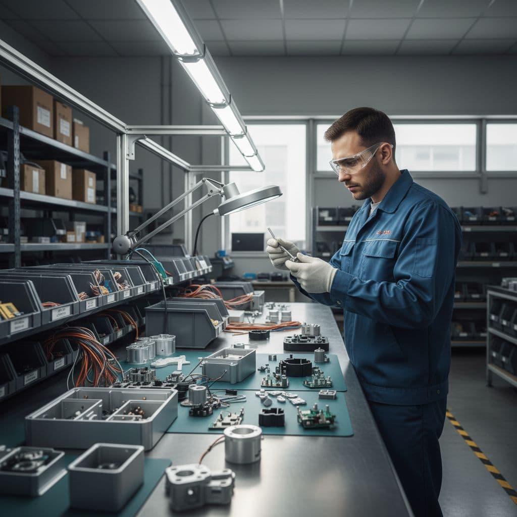A professional warehouse worker stands at a clean station carefully checking small product components for quality.