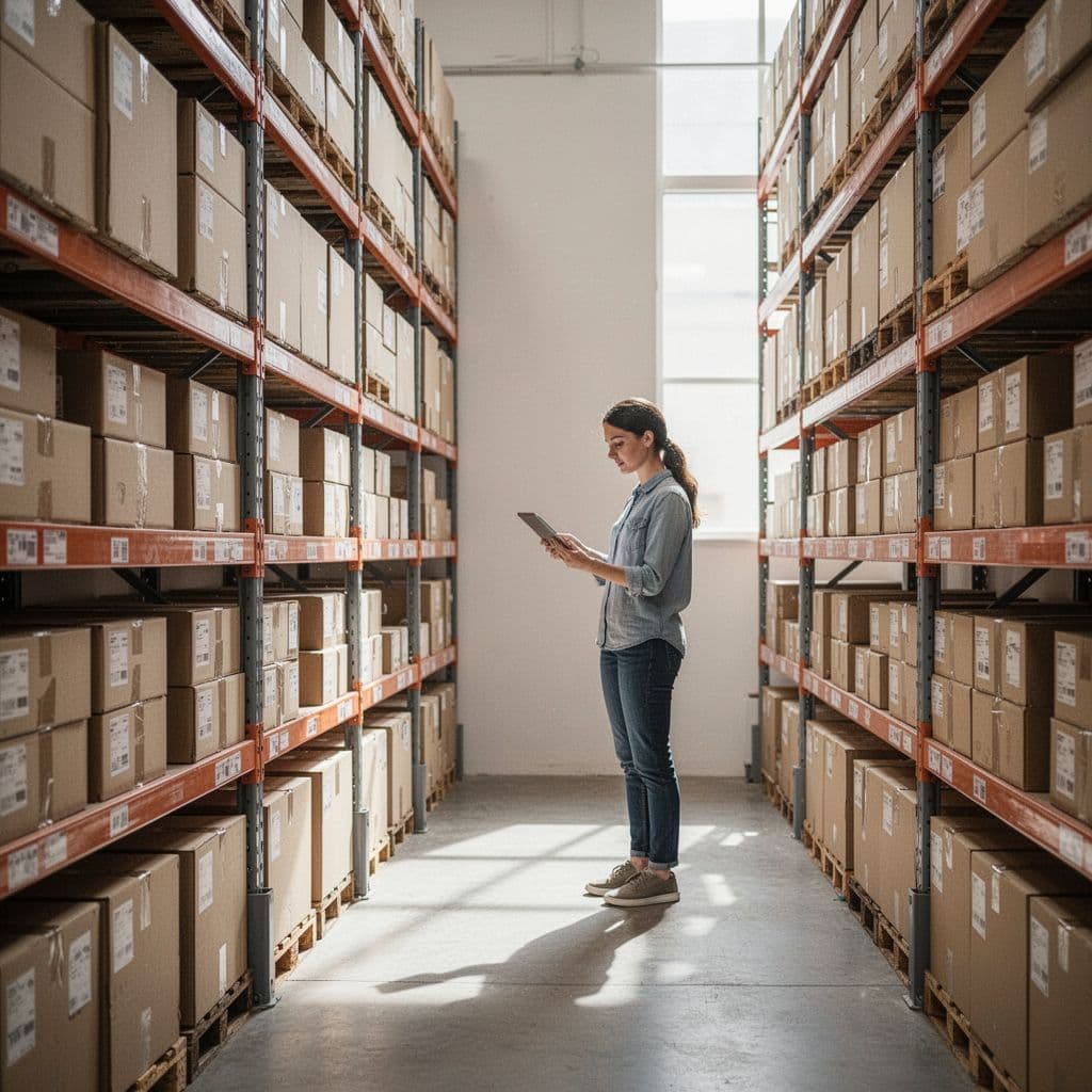 Neatly stacked cardboard boxes fill industrial steel shelves within a bright, minimalist warehouse. In the distant background, a single staff member uses a tablet to accurately verify current inventory levels.