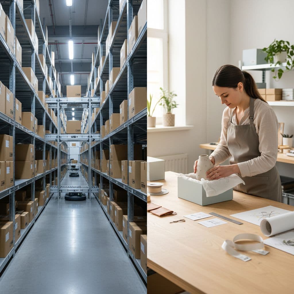A split composition contrasts an automated facility featuring towering metal shelving and conveyor belts with a bright manual station where a worker carefully packs custom products into branded cardboard boxes.