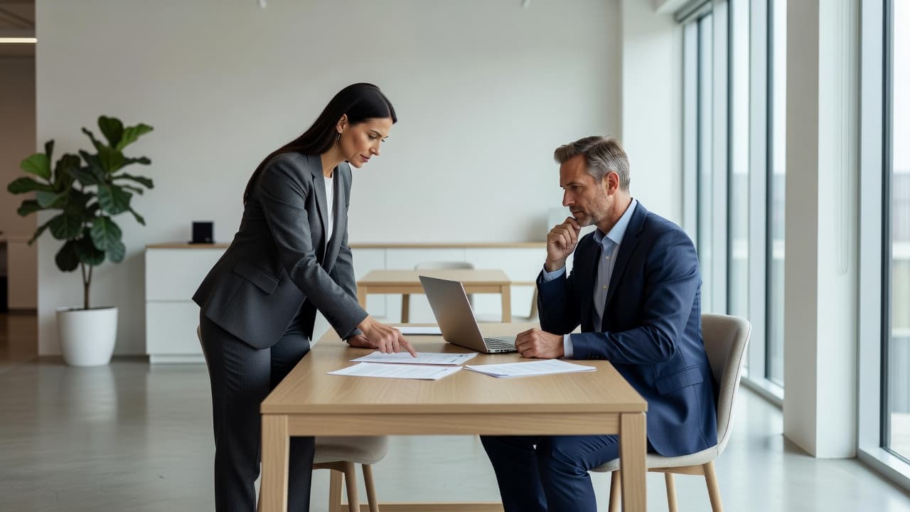 Two individuals in formal attire sit at a sleek, white desk reviewing business documents. A slim laptop rests between them in a bright, minimalist office space designed for productive corporate negotiations.