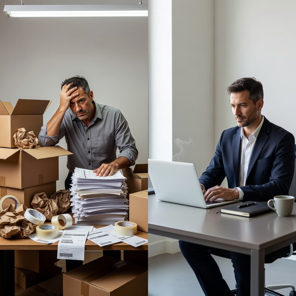 A split-screen comparison reveals a chaotic desk buried under shipping boxes and tape on the left, contrasted with an organized, serene workstation featuring a neat laptop and notebook on the right.