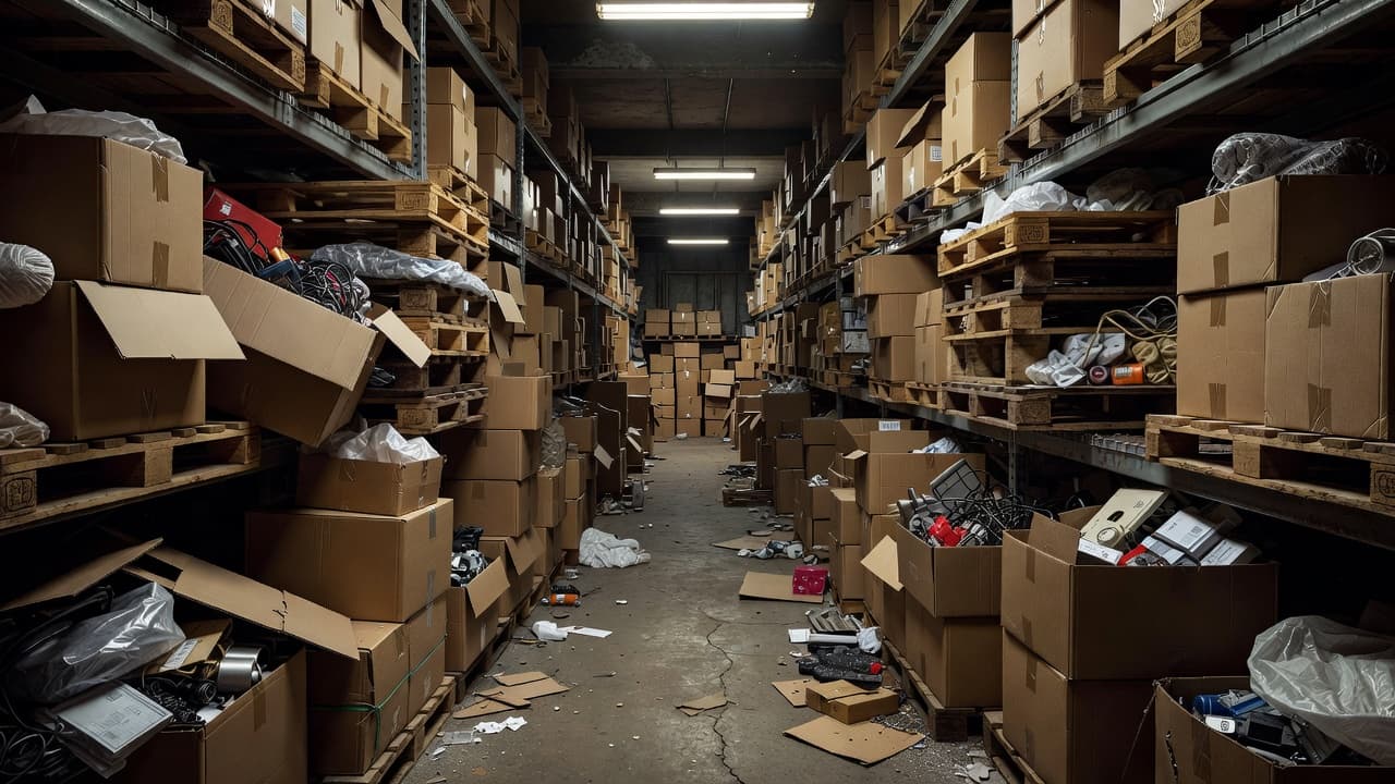 Vertical shelves frame a narrow corridor packed with overflowing cardboard boxes and scattered wooden pallets. Dim overhead lighting casts deep shadows across the cluttered floor, emphasizing a complete lack of space.