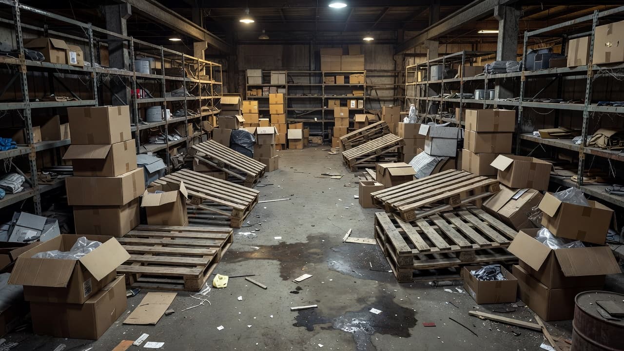 Stacks of cardboard boxes sit haphazardly across the concrete floor, while wooden pallets block narrow passageways between rusted, dusty shelving units. Dim overhead lights cast long, uneven shadows throughout the facility.
