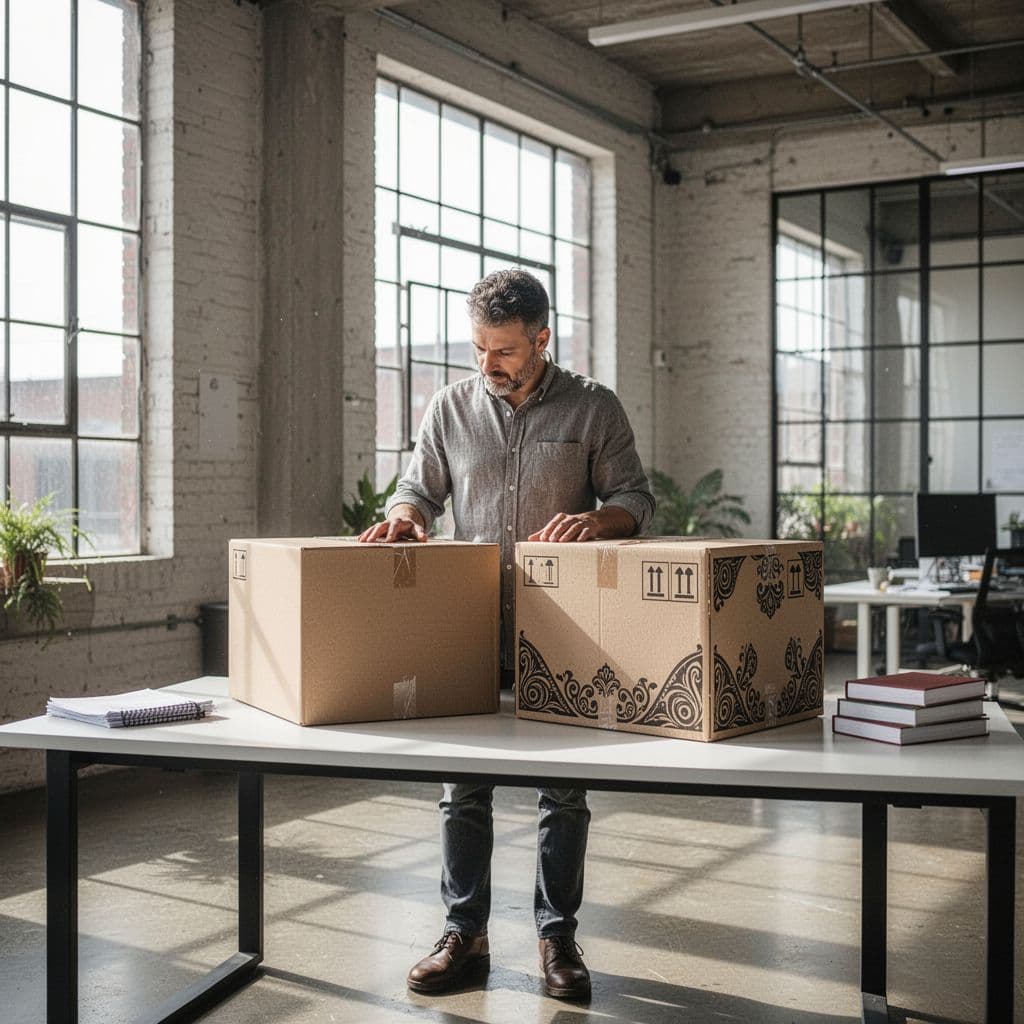 A focused professional sits at a clean wooden desk, comparing a plain brown shipping box against a vibrant, custom-branded alternative. Bright warehouse windows illuminate the workspace and highlight the product textures.