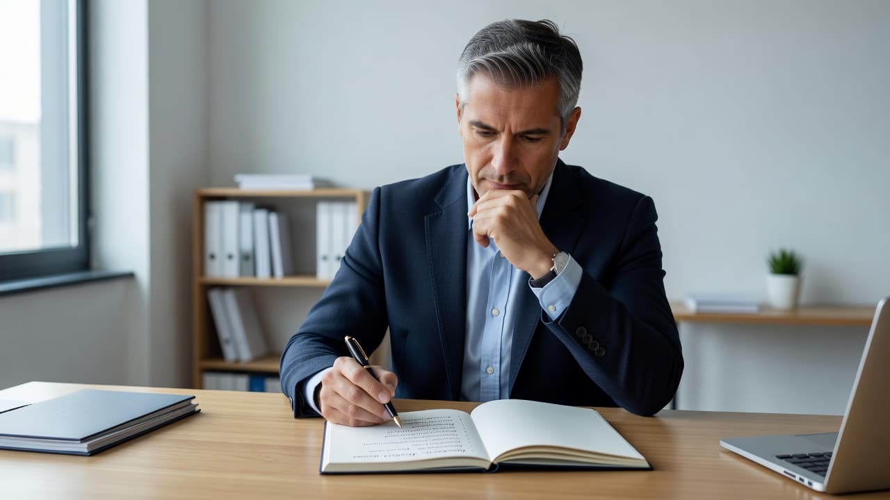 A focused professional sits at a clean desk, reviewing a list of business requirements on a notebook with a pen. Soft light fills the tidy office, highlighting their careful decision-making process.