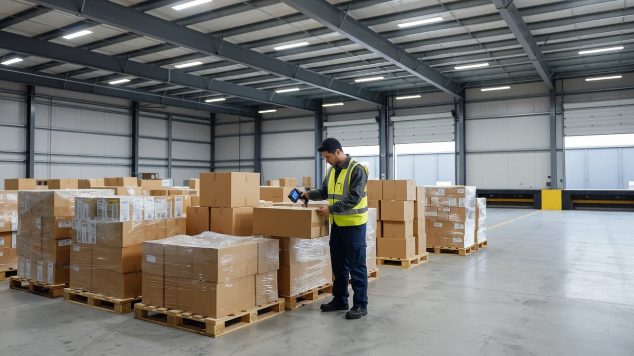 A worker wearing a bright high-visibility vest stands on a clean warehouse floor scanning a loaded wooden pallet. Sunlight streams through the open bay doors, illuminating the organized shipping area.