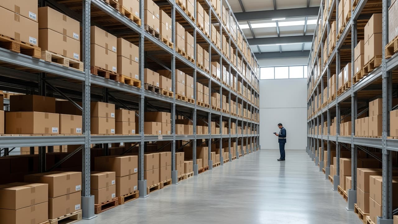 Tall industrial metal racks line a clean, well-lit warehouse floor. A lone staff member in the distance uses a hand scanner to process inventory, reflecting high standards of organized facility management.