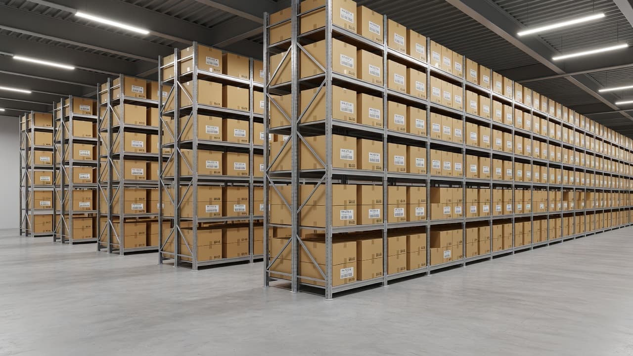 Tall industrial shelving units packed with neatly stacked storage boxes line a spacious facility. The polished concrete floors remain clear, highlighting the high operational standards of this professional distribution center environment.