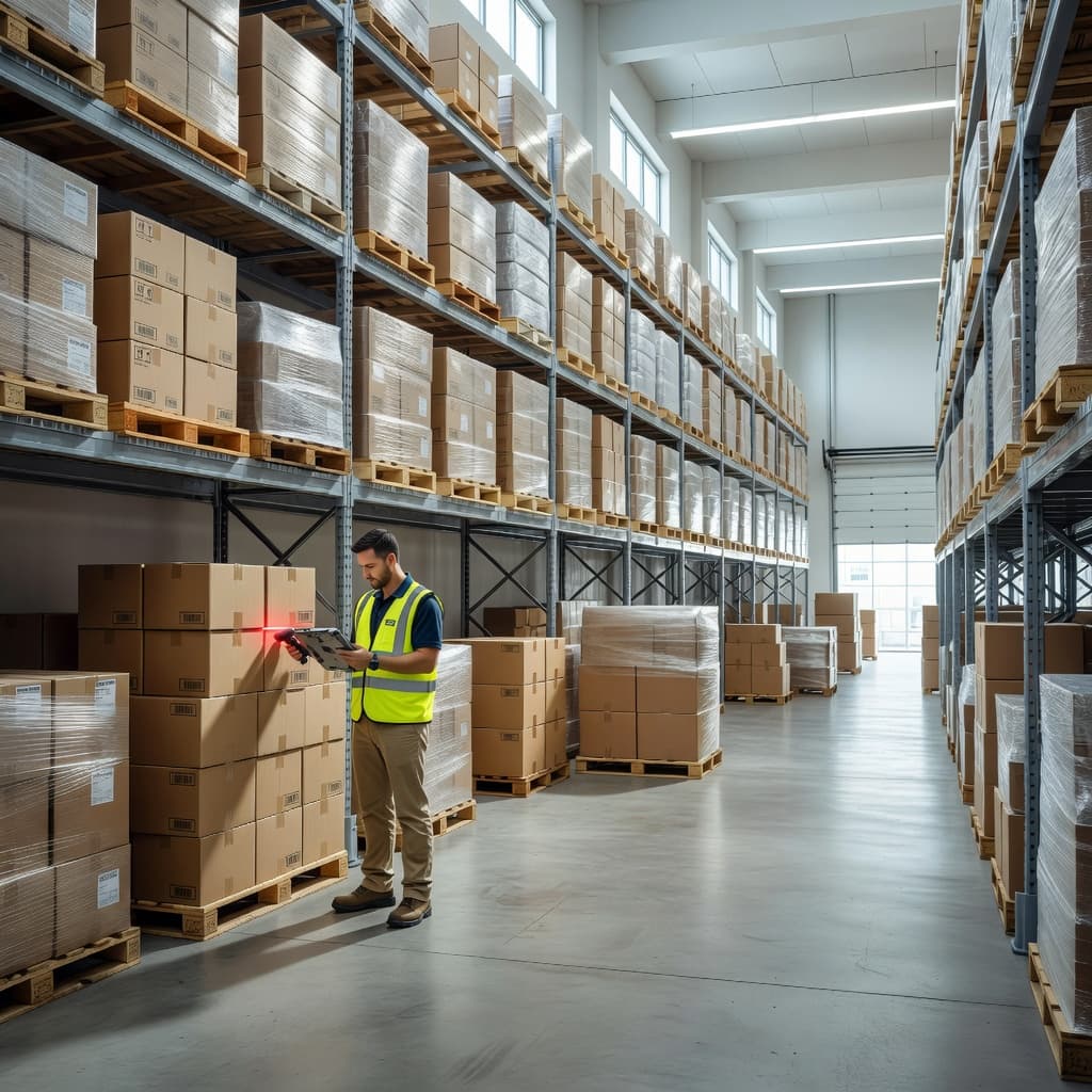 A worker stands within a vast, organized warehouse using a handheld tablet to scan inventory on steel shelves. Natural light streams from overhead fixtures, illuminating packed pallets ready for shipment.