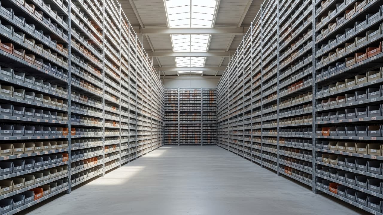 Tall metal shelving units line wide aisles in a clean, professional storage facility. Neatly arranged inventory bins occupy every level, bathed in bright overhead natural light from the high facility ceilings.
