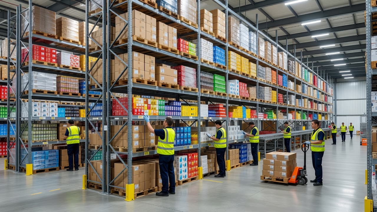Rows of tall industrial racks hold neatly stacked boxes in a bright, spacious warehouse. Staff members wearing reflective vests move through the aisles, accurately selecting items to fulfill customer orders.